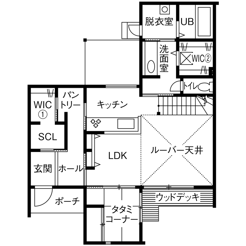 ルポハウス一級建築士事務所 【滋賀/自然素材/2000万円台】ルーバー天井が映えるリビング。木の温もりを感じるナチュラルモダンの家の間取り図（3LDK）1階