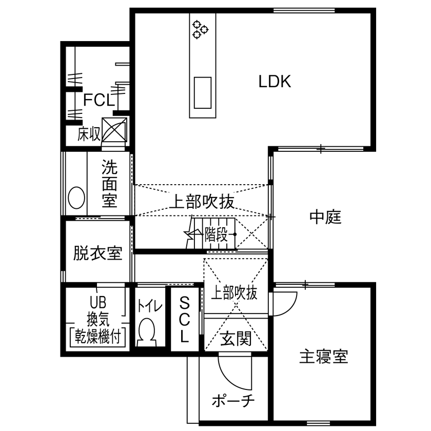 ルポハウス一級建築士事務所 【2000万円台／滋賀県／外観／吹き抜け】グレーの外観に木を合わせたオシャレで目をひく家の間取り図（3LDK＋FCL＋WIC）1階