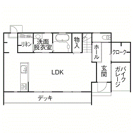 ルポハウス一級建築士事務所 【1000万円台/延床30坪以下/コンパクト/間取り図】庭いじりとメカいじりを愉しむ家/シンプルな家事動線の間取り図（3LDK）1階