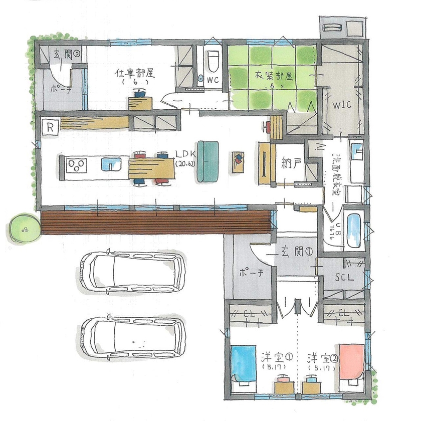 ルポハウス一級建築士事務所 【滋賀/平屋/2000万円台/30坪台/3LDK/間取り図】猫と暮らすL字の平屋の家。庭と眺望に癒されるゆとりの空間の間取り図（3LDK+Ｓ）１階