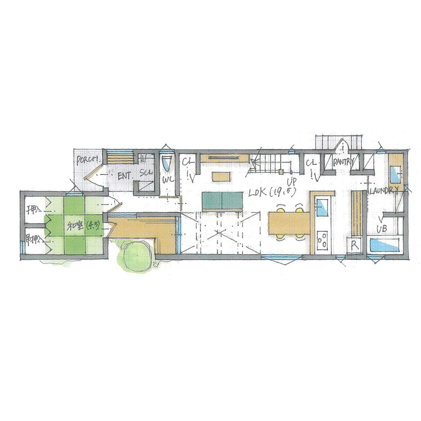 ルポハウス一級建築士事務所 【2000万円台/滋賀/子育て】奥に長い土地を活かし切る設計術。３人の子どもたちが育つ永く暮らす家の間取り図（3LDK）１階