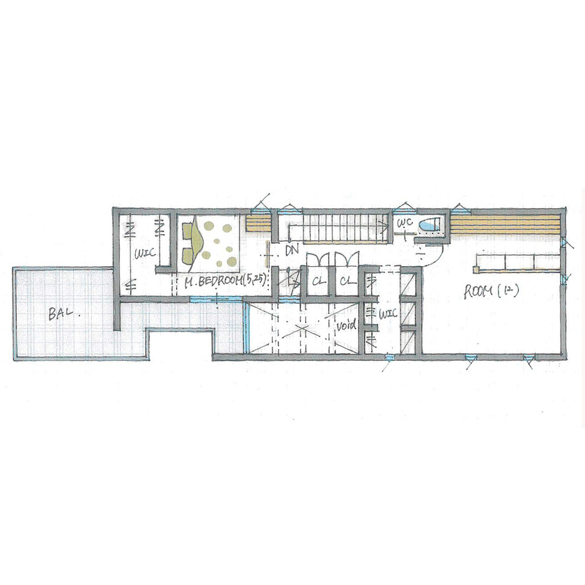 ルポハウス一級建築士事務所 【2000万円台/滋賀/子育て】奥に長い土地を活かし切る設計術。３人の子どもたちが育つ永く暮らす家の間取り図（3LDK）２階