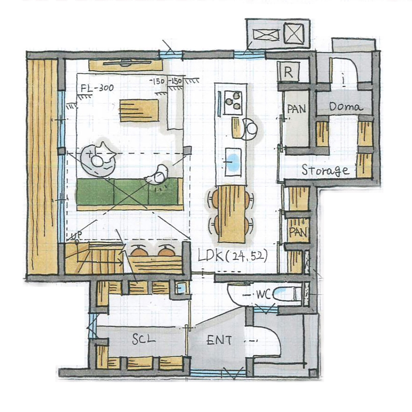 ルポハウス一級建築士事務所 【3000万円台/滋賀/吹抜け】クリの無垢床リビングで暮らす対称的な家。伸びやかなダウンフロアも快適の間取り図（3LDK）１階