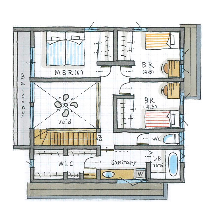 ルポハウス一級建築士事務所 【3000万円台/滋賀/吹抜け】クリの無垢床リビングで暮らす対称的な家。伸びやかなダウンフロアも快適の間取り図（3LDK）２階