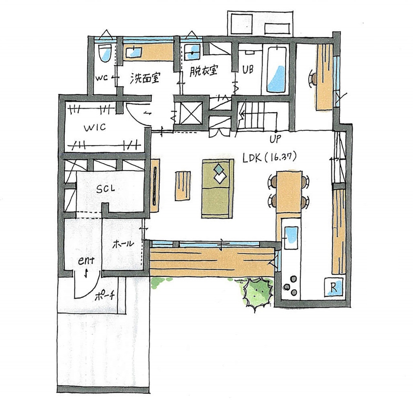 ルポハウス一級建築士事務所 【2000万円台/滋賀/ガルバ】趣味に囲まれたコの字型の家。美しいナチュラルガーデンも実現の間取り図（3LDK）１階
