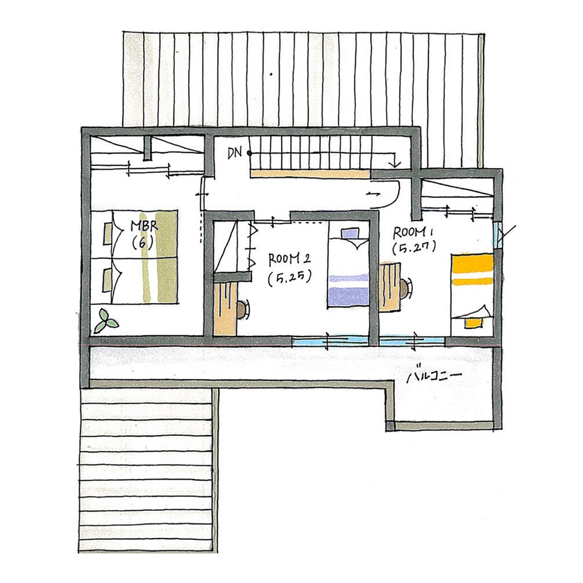 ルポハウス一級建築士事務所 【2000万円台/滋賀/ガルバ】趣味に囲まれたコの字型の家。美しいナチュラルガーデンも実現の間取り図（3LDK）２階