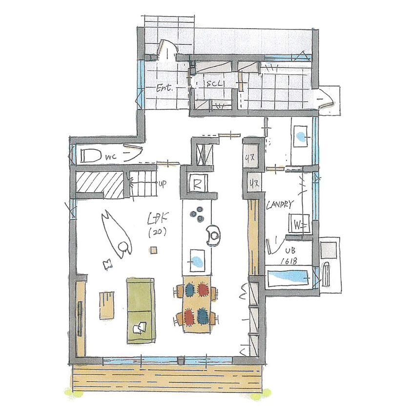 ルポハウス一級建築士事務所 【2000万円台/滋賀/子育て】家族みんなが伸びやかな家。趣味、子育て、日々の暮らし、すべて満喫の間取り図（3LDK）１階