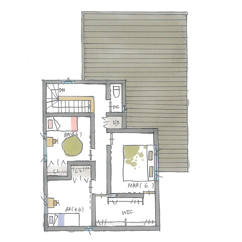 ルポハウス一級建築士事務所 【2000万円台/滋賀/子育て】家族みんなが伸びやかな家。趣味、子育て、日々の暮らし、すべて満喫の間取り図（3LDK）２階
