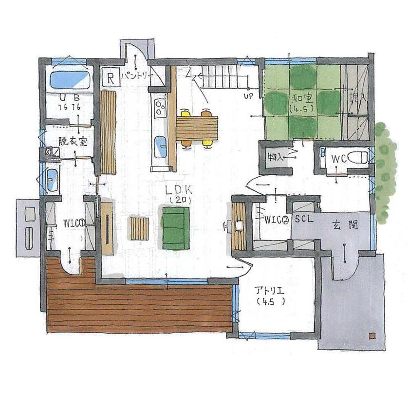 ルポハウス一級建築士事務所 【滋賀/木の家/ガルバリウム】ヒノキ香るアトリエのある住まい。遊び場の庭と一体感のある伸びやかな間取りの間取り図（4LDK+アトリエ）１階