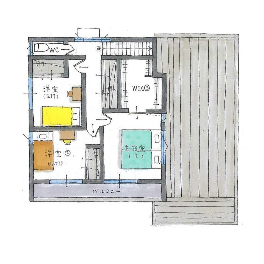 ルポハウス一級建築士事務所 【滋賀/木の家/ガルバリウム】ヒノキ香るアトリエのある住まい。遊び場の庭と一体感のある伸びやかな間取りの間取り図（4LDK+アトリエ）２階