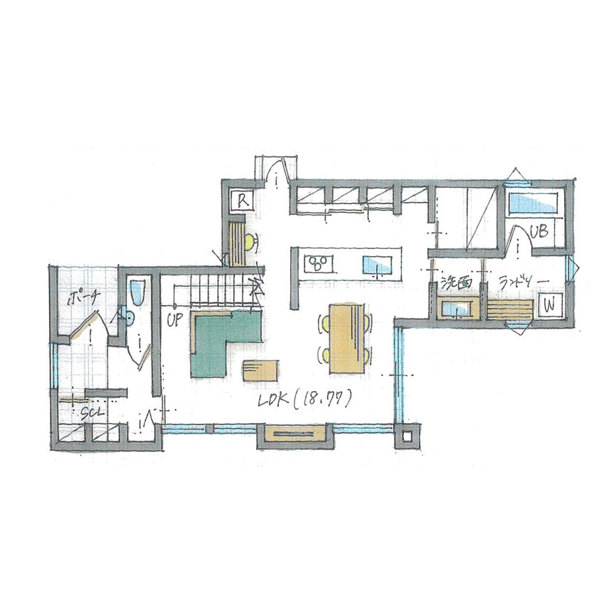 ルポハウス一級建築士事務所 【2000万円台/滋賀/30坪台】新緑を映す家。森の中の美術館で過ごすような至福の時間をカタチにの間取り図（3LDK）１階