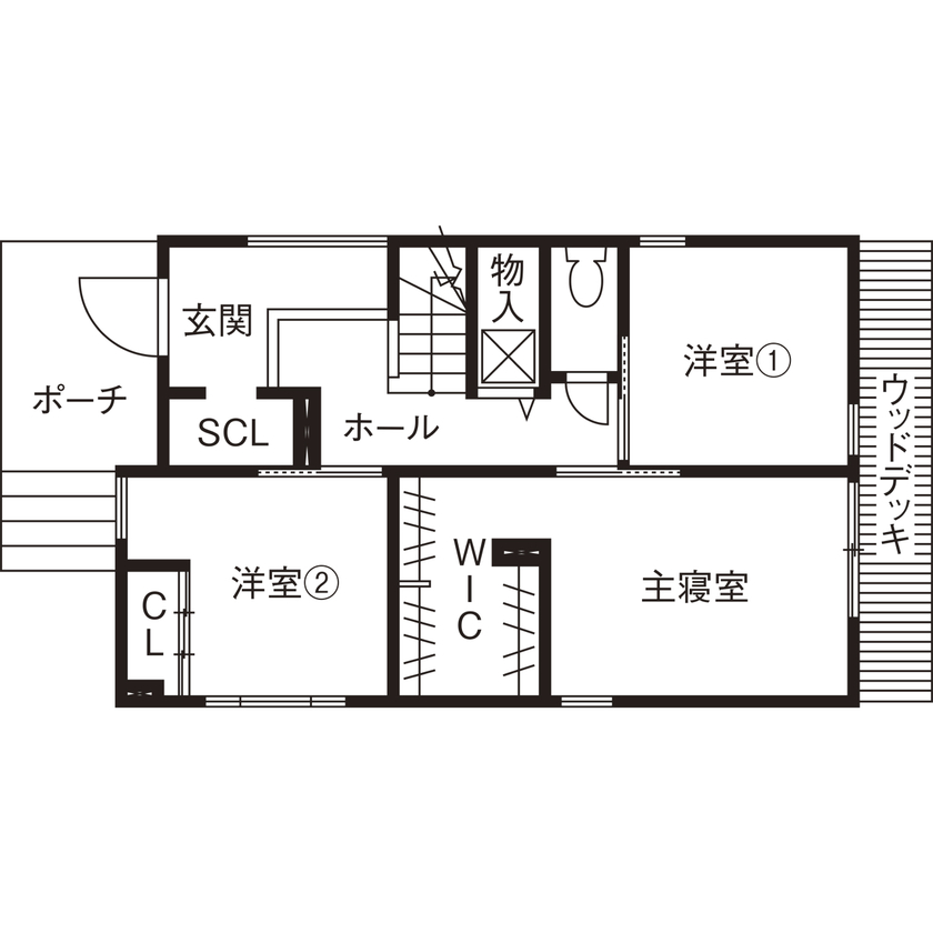 ルポハウス一級建築士事務所 【2000万円台／滋賀／2階リビング／子育て】大きな窓から季節を近くに感じられる、琵琶湖を望む家の間取り図（3LDK＋WIC＋SCL）1階