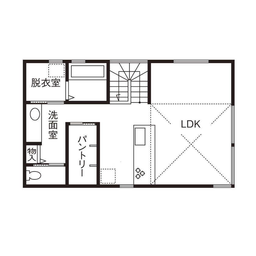 ルポハウス一級建築士事務所 【2000万円台／滋賀／2階リビング／子育て】大きな窓から季節を近くに感じられる、琵琶湖を望む家の間取り図（3LDK＋WIC＋SCL）2階