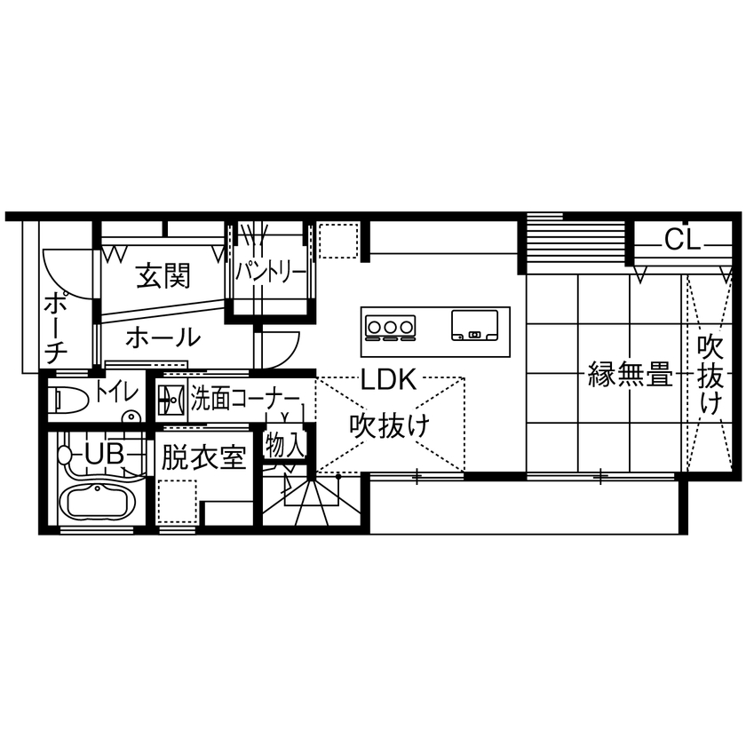 ルポハウス一級建築士事務所 【2000万円台/滋賀/子育て/和風モダン】仕事も家事も、お家時間も。こだわり詰まった、とんがり屋根の家の間取り図（4LDK＋FCL）1階