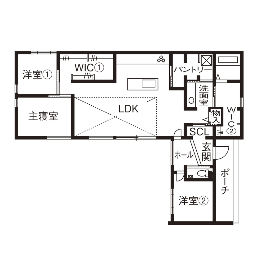 ルポハウス一級建築士事務所 【2000万円台／滋賀／平屋／中庭】本物の素材にこだわった、デザインと機能面が両立した平屋の間取り図（3LDK＋2WIC＋SCL他）1階