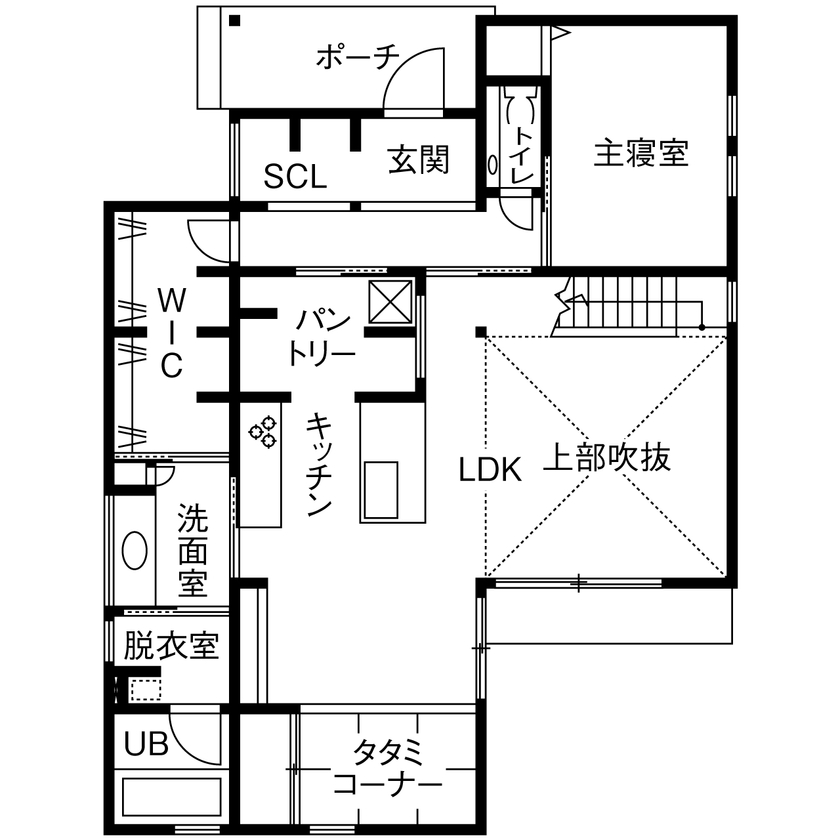 ルポハウス一級建築士事務所 【滋賀/2000万円台/吹抜け】おしゃれなインテリアが光るジャパンディスタイルの家。使い勝手の良い畳書斎もの間取り図（3LDK）1階