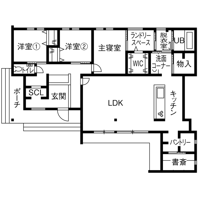 ルポハウス一級建築士事務所 【滋賀/平屋/2000万円台】ナチュラルな室内には遊び心あふれる書斎。異素材の外観が映えるL字型の平屋の間取り図（3LDK）1階