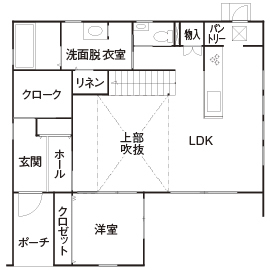 ルポハウス一級建築士事務所 【滋賀/2000万円台前半】クールな男前ガルバの家。開放感あるリビングの吹き抜けが特徴の間取り図（4LDK）1階