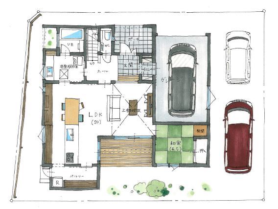 ルポハウス一級建築士事務所 【滋賀/2000万円台/間取り図】横ガルバのガレージハウス。アンティークパイン＆デニムクロスの空間で寛ぐの間取り図（4LDK）1階