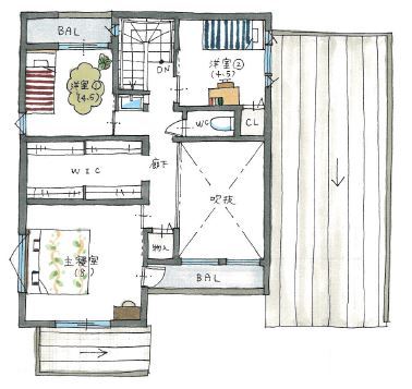 ルポハウス一級建築士事務所 【滋賀/2000万円台/間取り図】横ガルバのガレージハウス。アンティークパイン＆デニムクロスの空間で寛ぐの間取り図（4LDK）2階