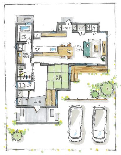 ルポハウス一級建築士事務所 【京都/1954万円】障子でつながる和モダンな家。ガルバリウムと木塀でシンプルでカッコイイ外観にの間取り図（３ＬＤＫ＋Ｓ）１階