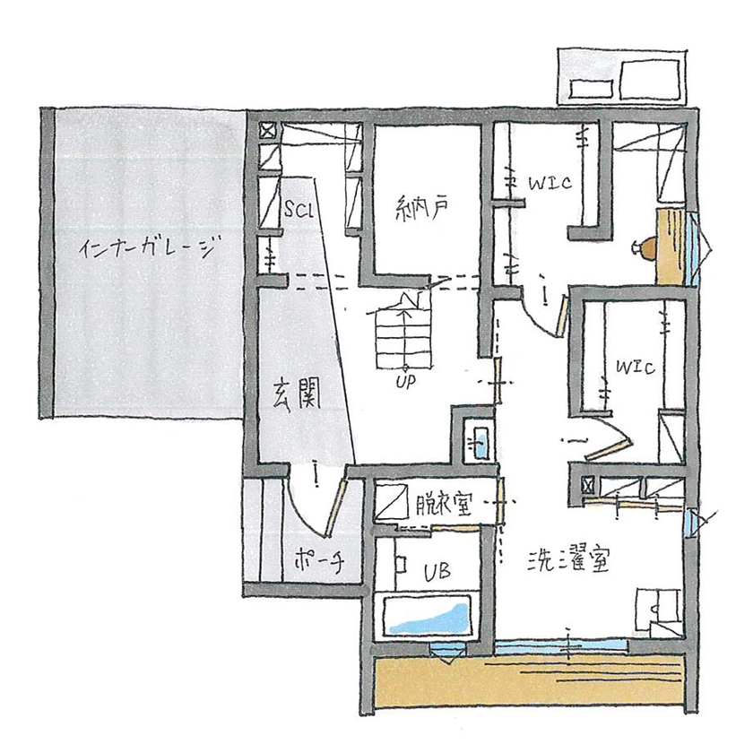 ルポハウス一級建築士事務所 【2000万円台/滋賀/変形地】豊かな眺望と暮らす２階リビング家。広い洗濯室や書斎も快適の間取り図（1LDK＋S）１階