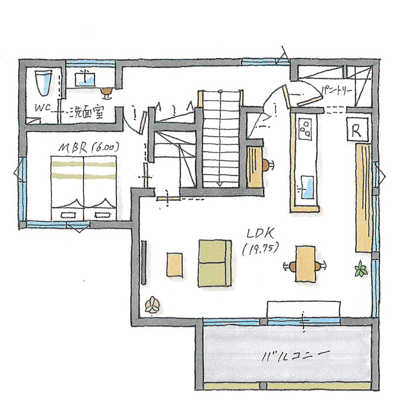 ルポハウス一級建築士事務所 【2000万円台/滋賀/変形地】豊かな眺望と暮らす２階リビング家。広い洗濯室や書斎も快適の間取り図（1LDK＋S）２階