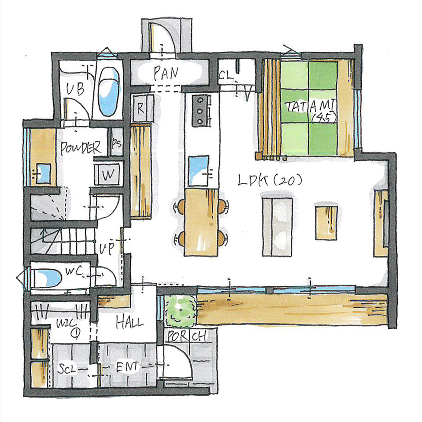 ルポハウス一級建築士事務所 【3000万円台/滋賀/庭付き】チークの床が映える家。Ｌ字の下がり天井が引き立てる上質な空間の間取り図（2LDK）１階