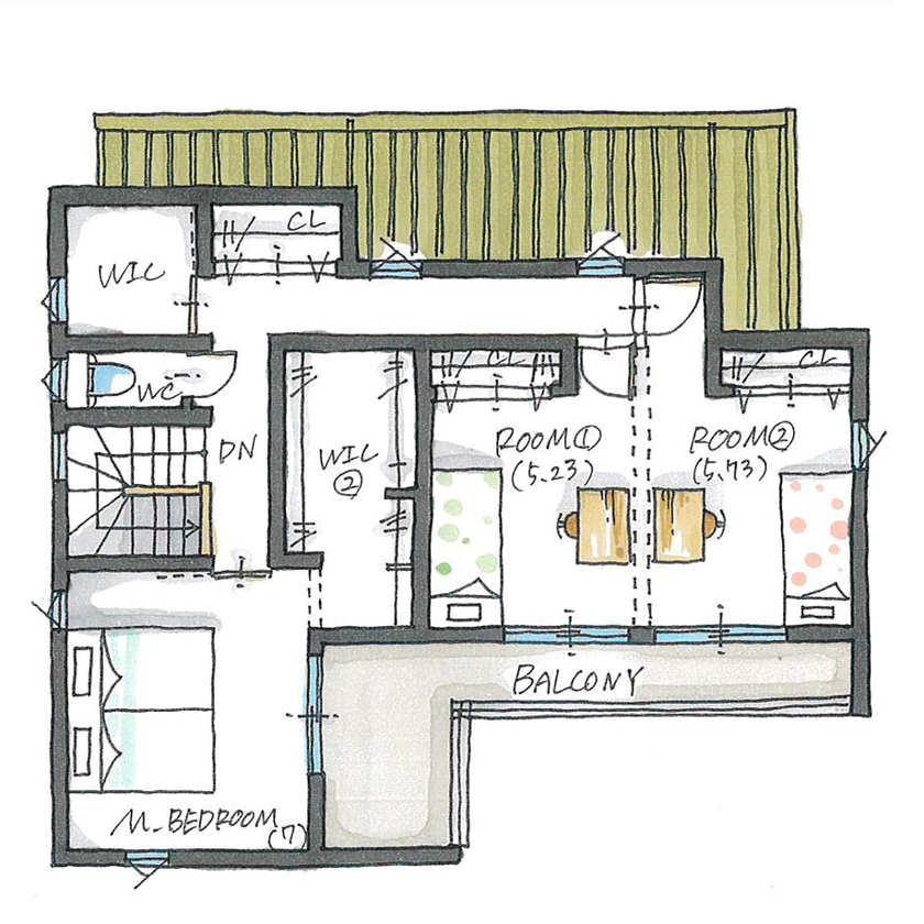 ルポハウス一級建築士事務所 【3000万円台/滋賀/庭付き】チークの床が映える家。Ｌ字の下がり天井が引き立てる上質な空間の間取り図（2LDK）２階