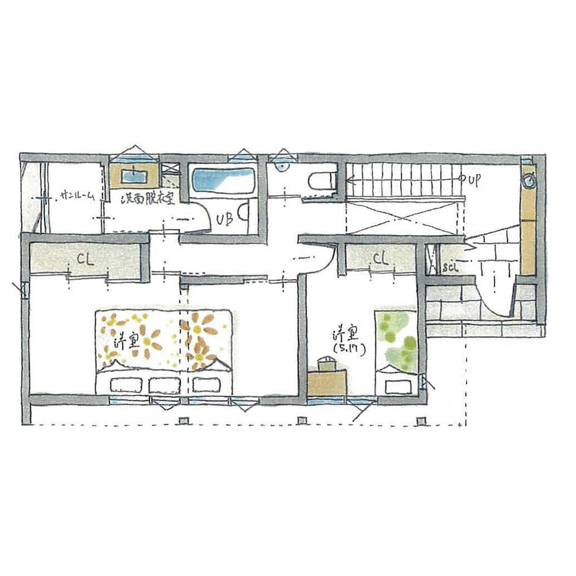 ルポハウス一級建築士事務所 【2000万円台/京都/自然素材】温かな光を感じる家。風景の中に溶け込むような２階リビングで暮らすの間取り図（2LDK）１階