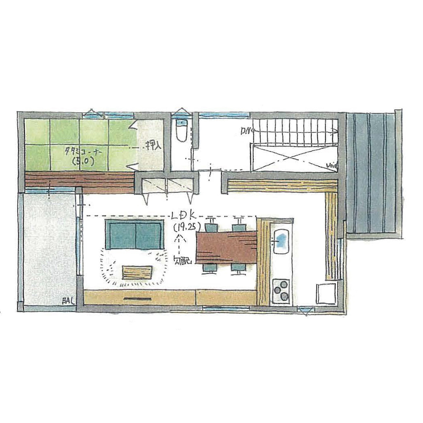 ルポハウス一級建築士事務所 【2000万円台/京都/自然素材】温かな光を感じる家。風景の中に溶け込むような２階リビングで暮らすの間取り図（2LDK）２階