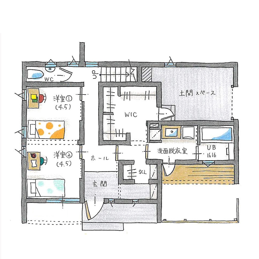ルポハウス一級建築士事務所 【2000万円台/滋賀/子育て/２階リビング】隠し部屋のある楽しい家。遊び心＋生活重視の間取りが快適の間取り図（2LDK+S）１階