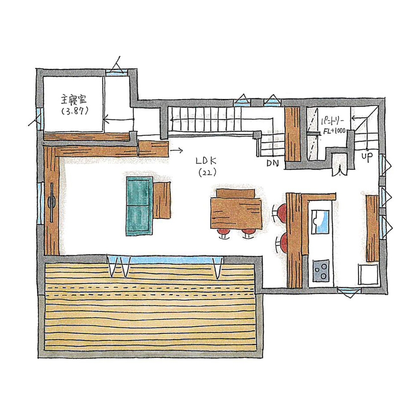 ルポハウス一級建築士事務所 【2000万円台/滋賀/子育て/２階リビング】隠し部屋のある楽しい家。遊び心＋生活重視の間取りが快適の間取り図（2LDK+S）２階