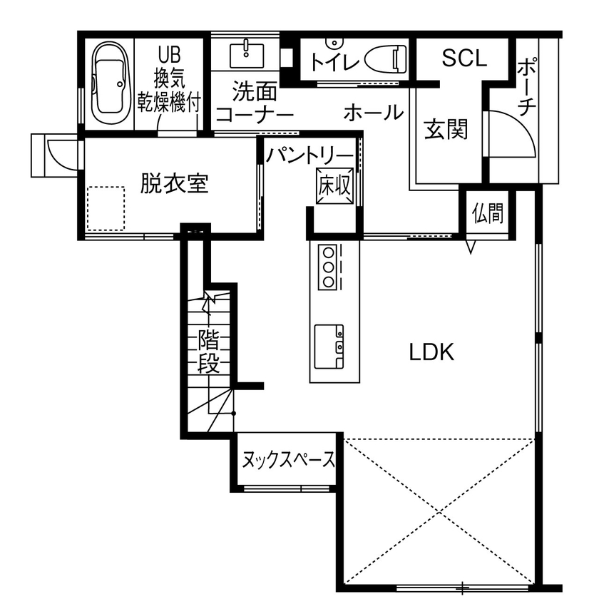 ルポハウス一級建築士事務所 【2000万円台／滋賀／猫と暮らす】日常が心豊かになる空間で、愛猫と一緒に快適な暮らしをの間取り図（2LDK＋ペットスペース）1階