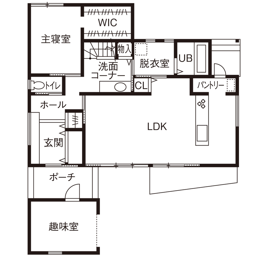 ルポハウス一級建築士事務所 【2000万円台/滋賀/子育て/和モダン】統一感にとことんこだわった、旅館のような寛ぎが魅力の住まいの間取り図（5LDK+3WIC）1階