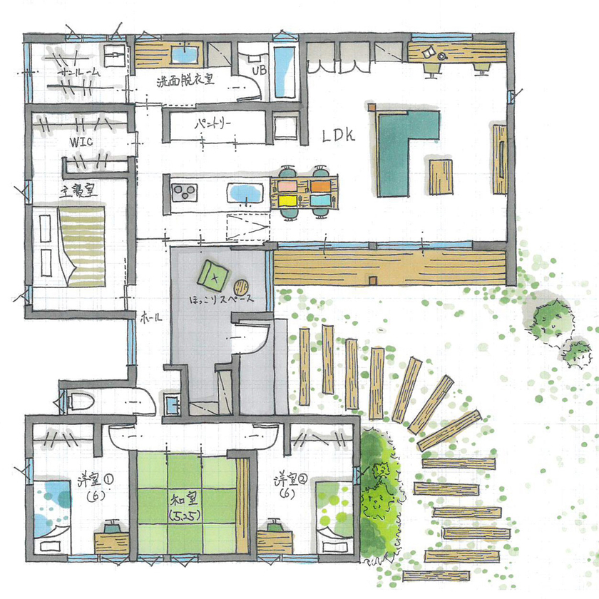 ルポハウス一級建築士事務所 【滋賀/平屋/2000万円台/30坪台/間取り図】サクラ並木を望む窓とストレスフリーの間取りに癒される日々の間取り図（4LDK）１階