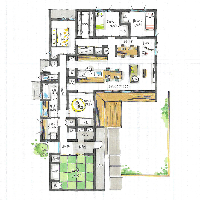 ルポハウス一級建築士事務所 【滋賀/平屋/2000万円台/40坪台/間取り図】広い庭を囲むL字の平屋。季節で変わる陽射しを考えた繊細な設計の間取り図（5LDK）１階