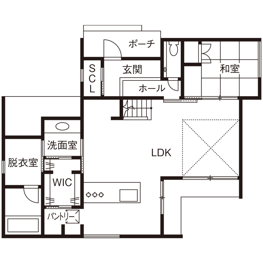 ルポハウス一級建築士事務所 【2000万円台／滋賀／2階建て／吹抜け】時代に左右されない、永く愛せるシンプルなデザインが魅力の家の間取り図（4LDK＋2WIC＋SCL他）1階