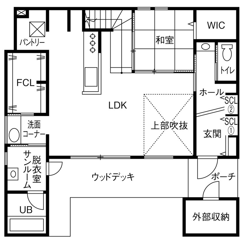 ルポハウス一級建築士事務所 【2000万円台/滋賀/吹抜け】猫と暮らす「への字」大屋根の家。おうち図書室やウッドデッキに寛ぐ空間の間取り図（4LDK）1階