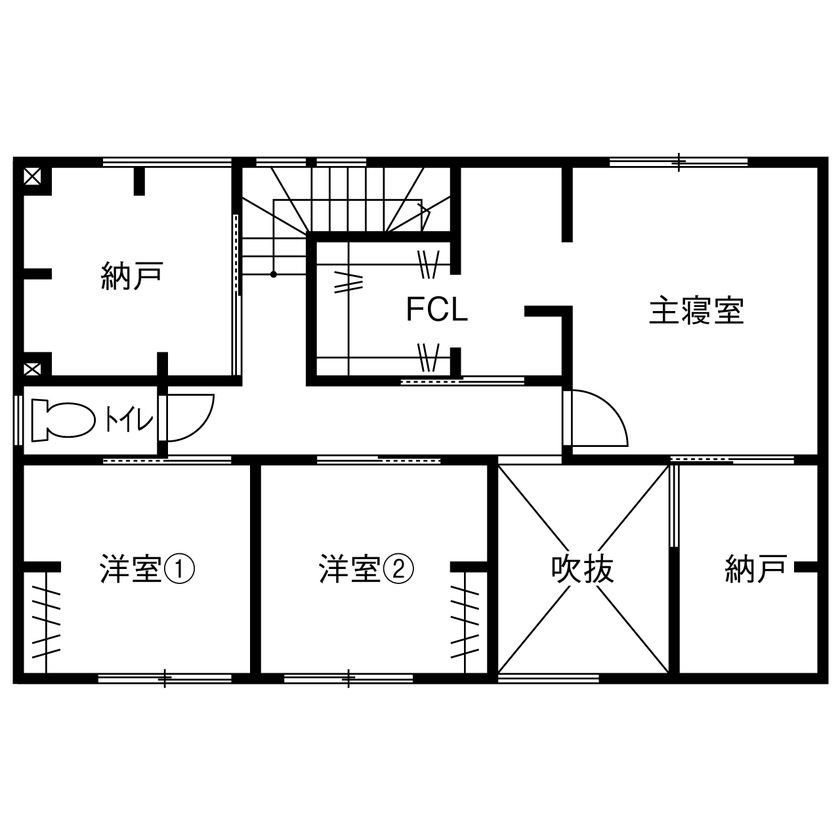 ルポハウス一級建築士事務所 【2000万円台/滋賀/吹抜け】猫と暮らす「への字」大屋根の家。おうち図書室やウッドデッキに寛ぐ空間の間取り図（4LDK）2階