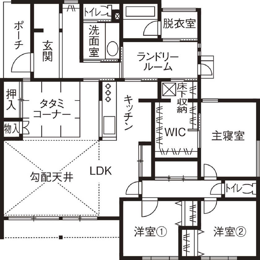 ルポハウス一級建築士事務所 【平屋／勾配天井／2000万円台／滋賀／自然】居心地よい山沿いの平屋。自然のなかで育む豊かな暮らしの間取り図（３LDK＋畳コーナー）1階