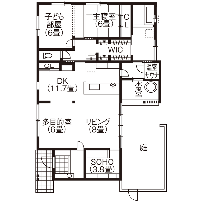 米田木材 【サウナとハンモックのある家】おうち時間がもっと楽しくなる！平屋でのびのび自然体で過ごせる住まいの間取り図（1LDK）1階
