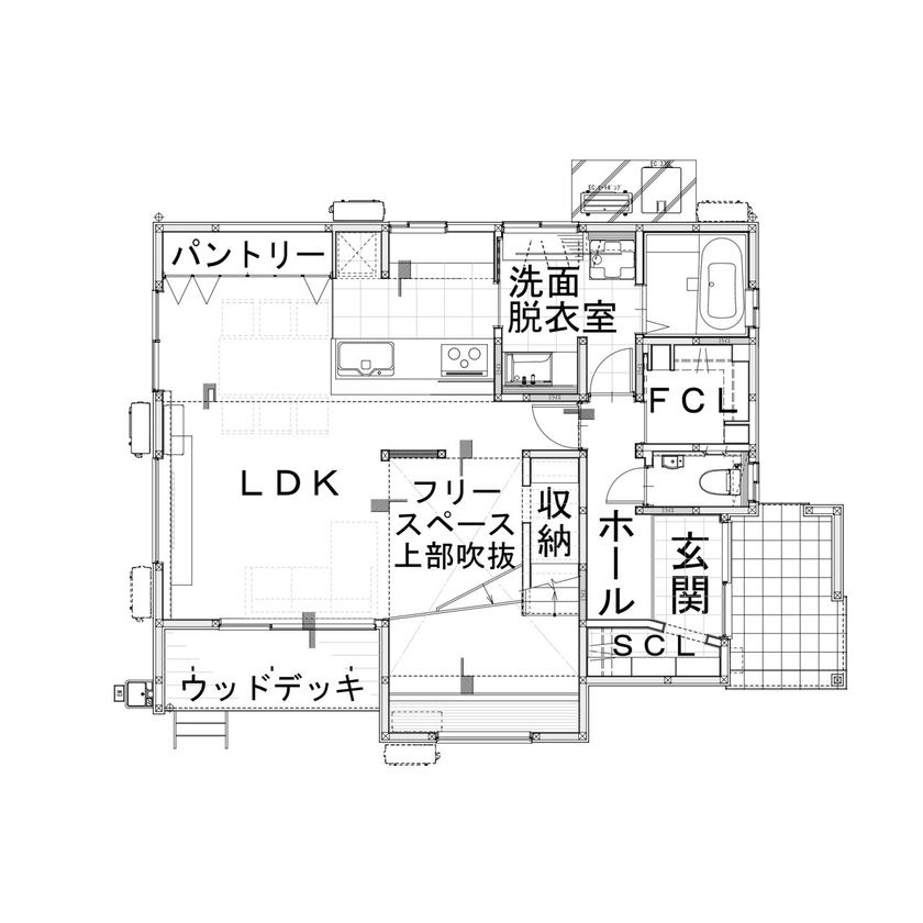 アンドクリエイト デザイン性の高い空間と使い勝手のよい生活動線。好きに囲まれながら暮らしやすさを叶えた住まいの間取り図null1階