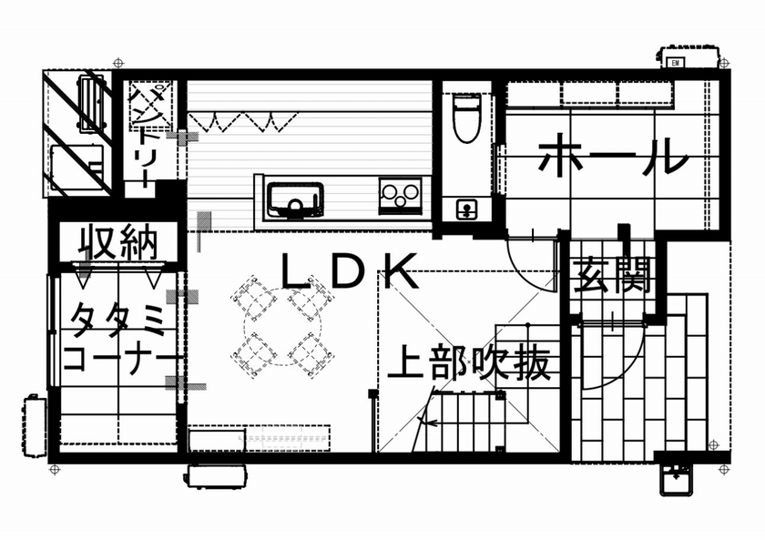アンドクリエイト 26坪にギュッと詰め込んだ、ミニマルな豊かさの間取り図（2LDK）1階