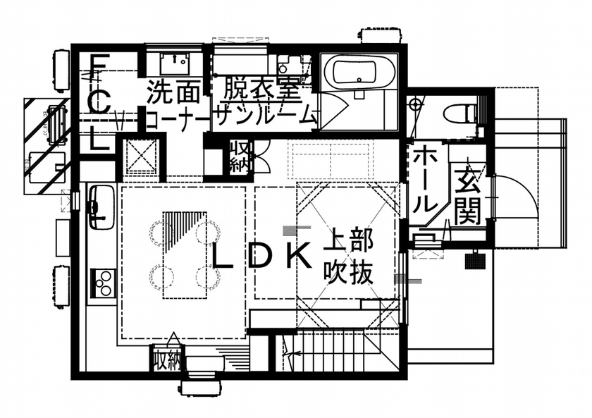 アンドクリエイト 開放感があるのにあたたかい。空間と家族がつながるちょうどいい住まいの間取り図（3LDK）1階