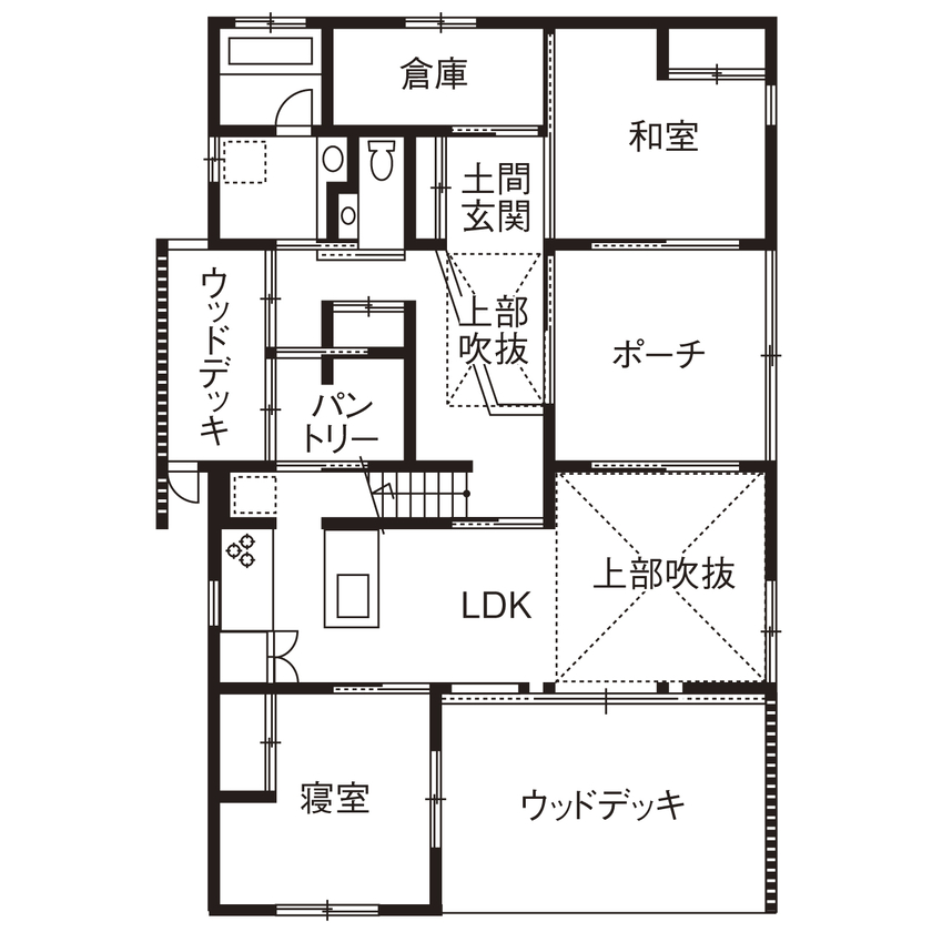 ONE and ALL 【岐阜県｜２世帯｜吹抜けリビング＆玄関】ヒノキや杉の無垢材を贅沢に。経年の味わいがある和風邸宅の間取り図（2LDK＋1LDK）１階