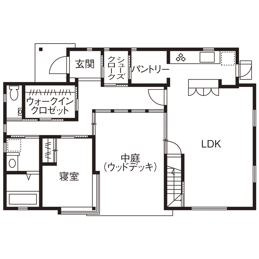 ONE and ALL 【岐阜県｜平屋風｜30坪】モルタルの外壁、木製サッシ…素材感で魅せるシンプルモダンな平屋風２階建ての間取り図（3LDK）１階