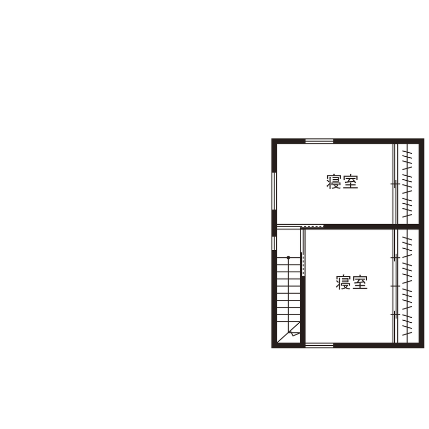 ONE and ALL 【岐阜県｜平屋風｜30坪】モルタルの外壁、木製サッシ…素材感で魅せるシンプルモダンな平屋風２階建ての間取り図（3LDK）２階