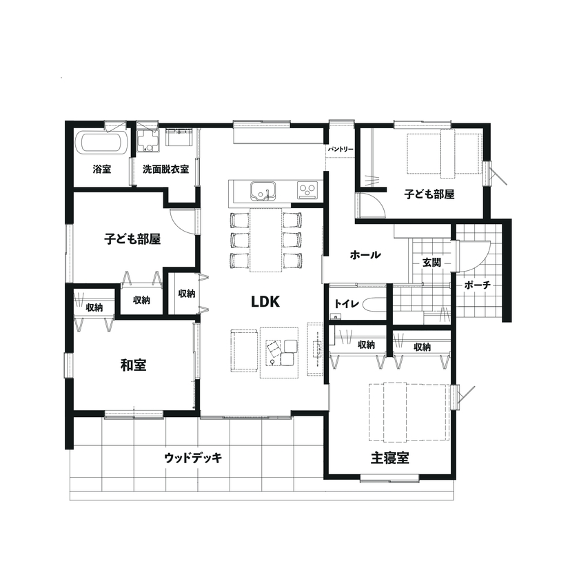 ホクシンハウス 6人家族が快適に暮らす平屋の住まいの間取り図（4LDK）1階