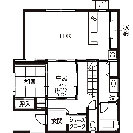 高砂建設　埼玉・東京 【川口市/2000万円台/40坪台/間取り図/ウッドデッキ】外断熱＋SE構法で建てた開放的で四季を感じる住まいの間取り図（4LDK）1階